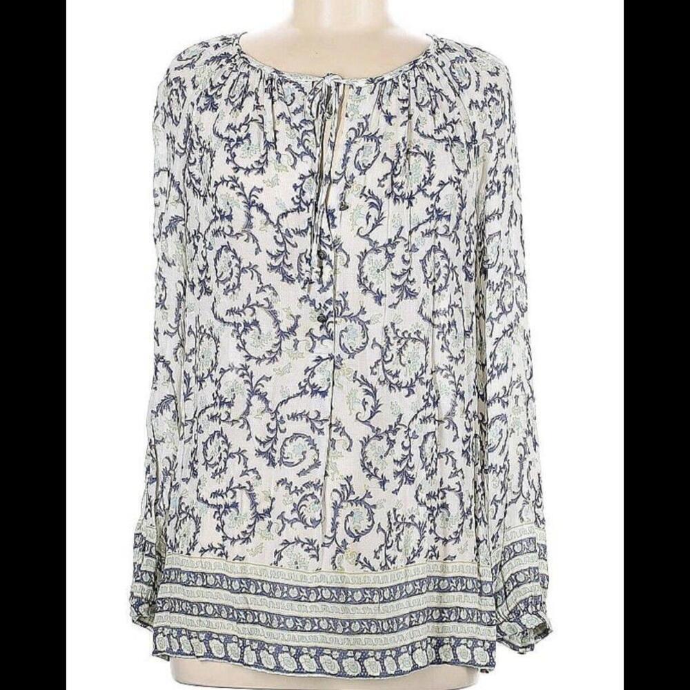 LUCKY BRAND Cream Blue Tie Front Peasant Shirt Sz Medium